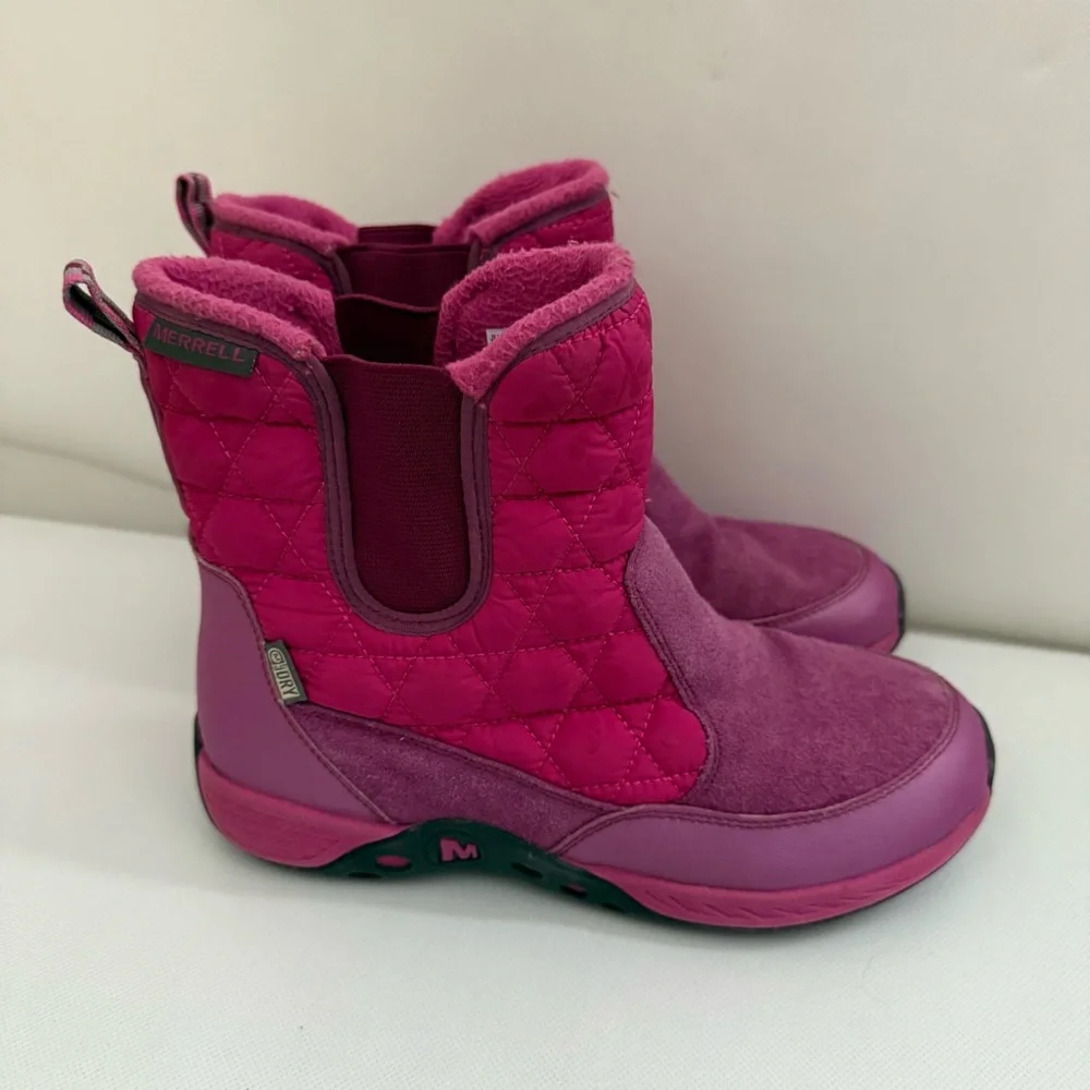 Merrell Girls Snow Boots 3.5 Pink Jungle Moc II Water Resistant 200g Suede Quilt